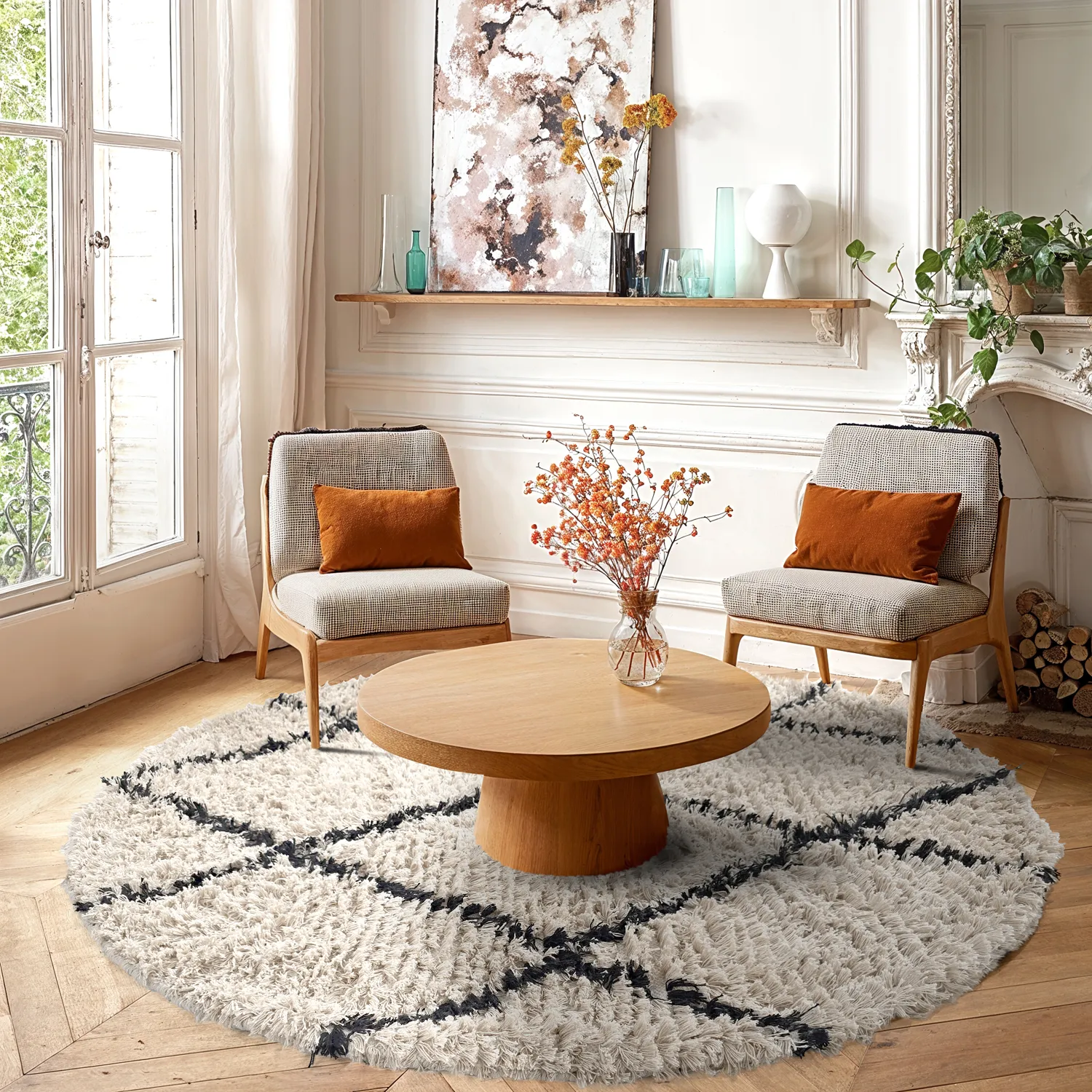 Rund matta - Alcott Natural Cotton Shaggy (svart/vit)