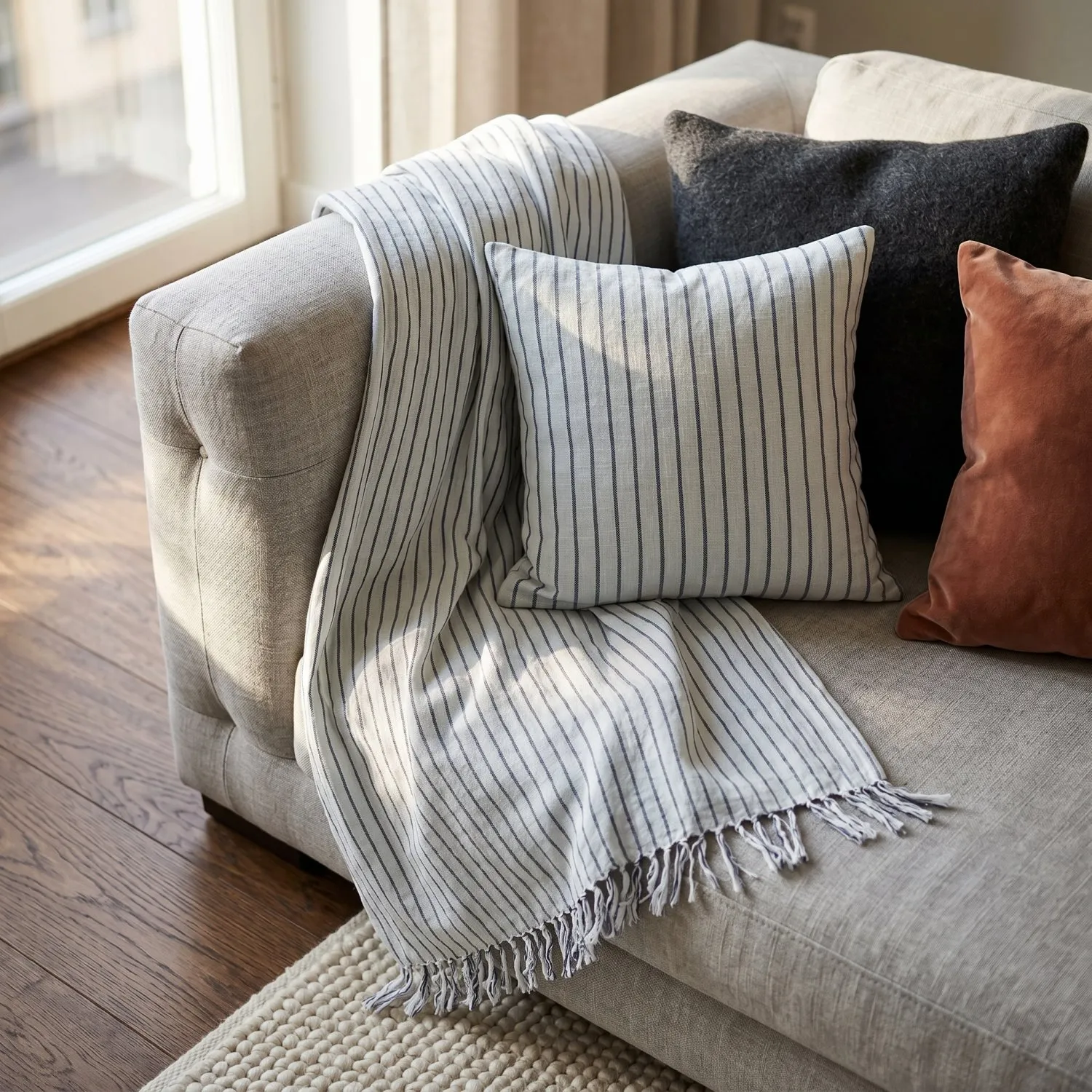 Filtar - Rumi stripe cotton throw (ljusblå/navy/cream)