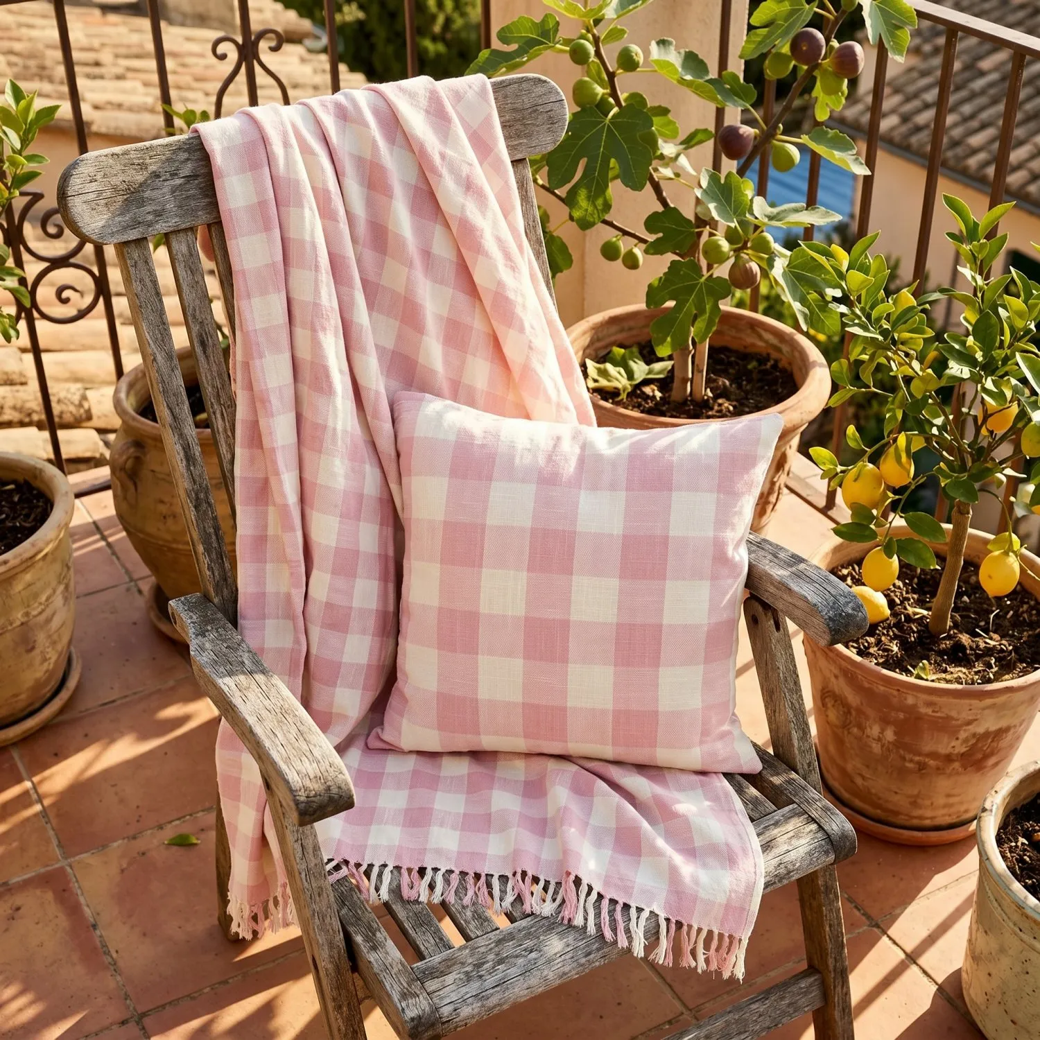 Kuddfodral - Isela check cotton cushion cover (cream/rosa)