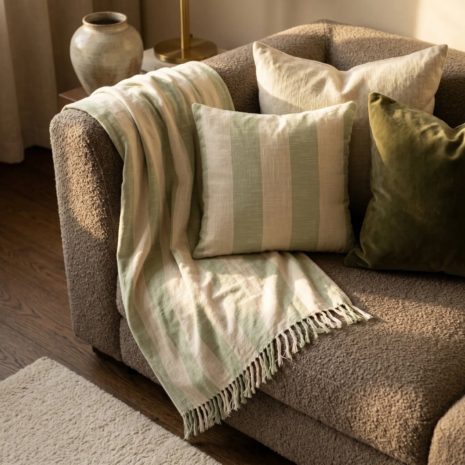 Filtar - Kora stripe cotton throw (cream/ljusgrön)