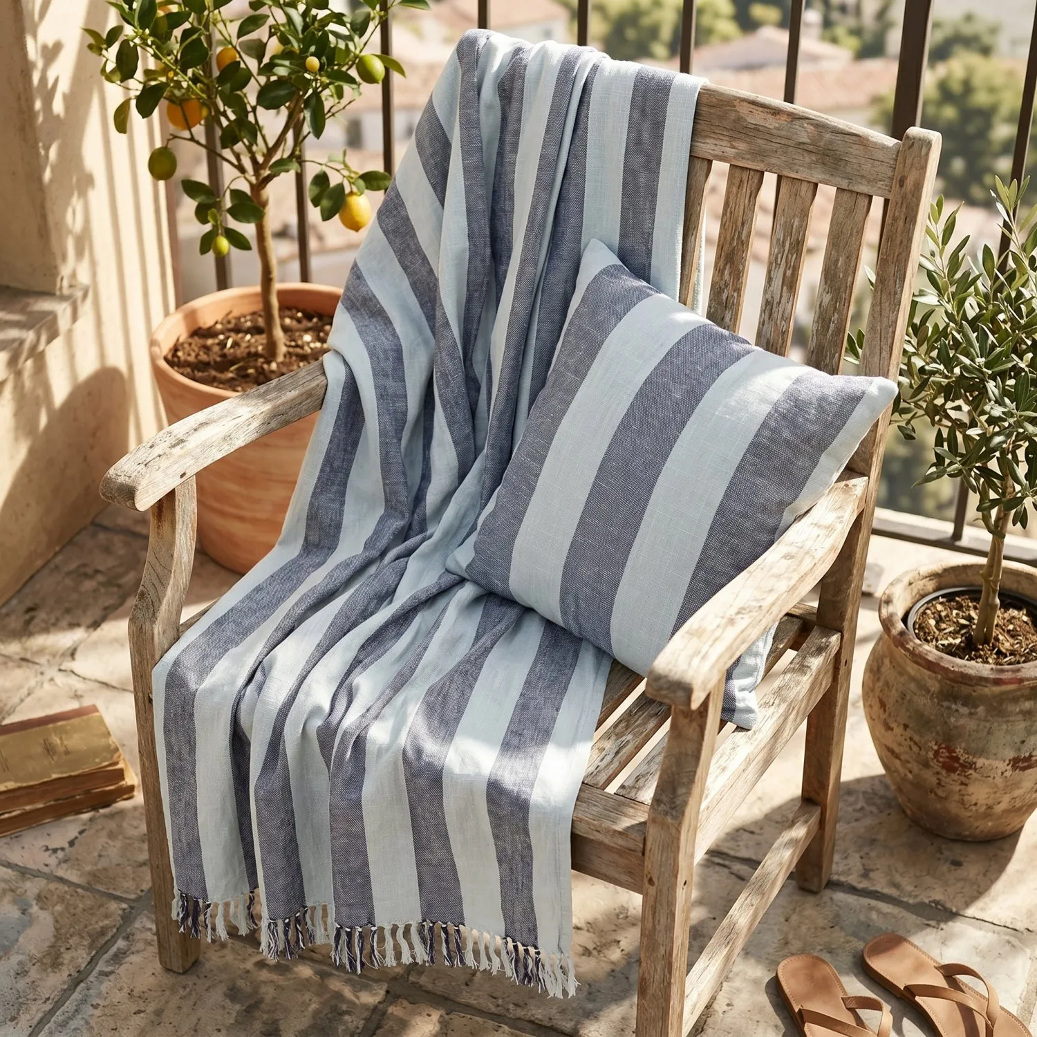 Filtar - Kora stripe cotton throw (navy/ljusblå)