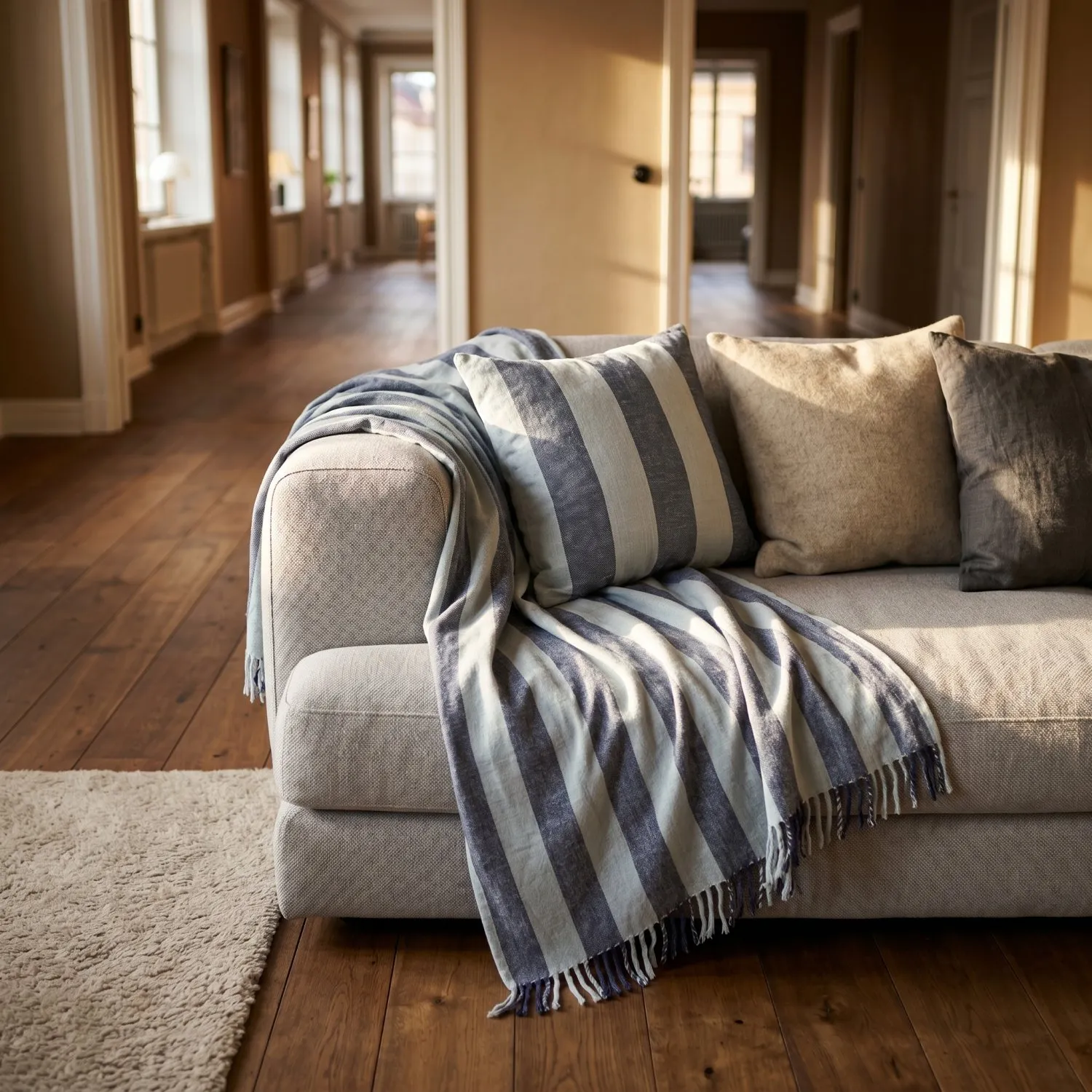 Filtar - Kora stripe cotton throw (navy/ljusblå)