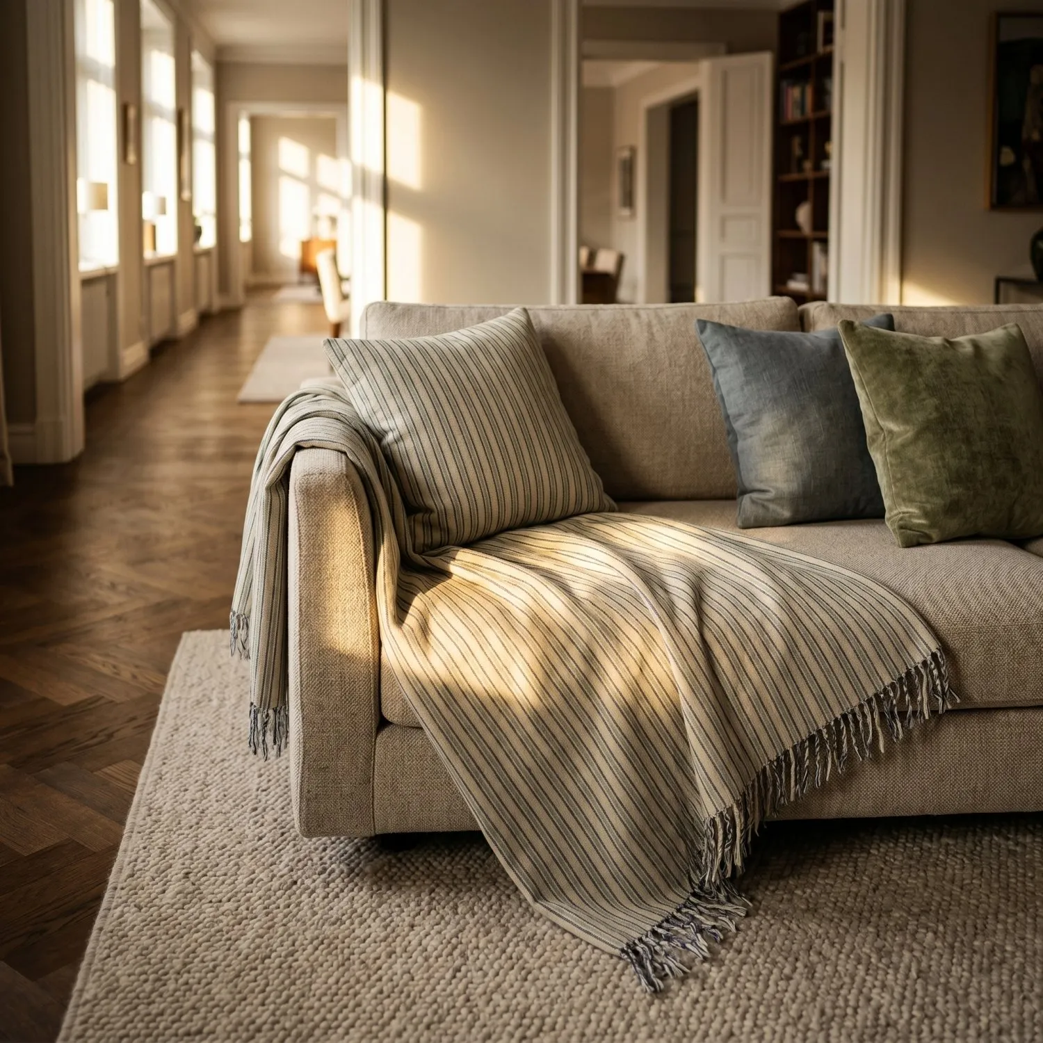 Filtar - Rumi stripe cotton throw (cream/navy/ljusgrön)