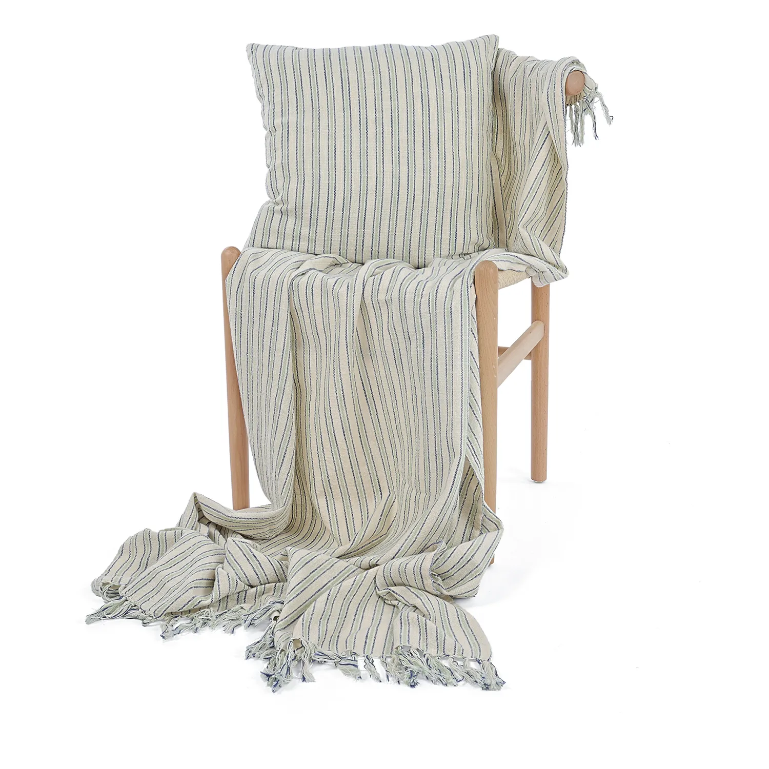 Filtar - Rumi stripe cotton throw (cream/navy/ljusgrön)