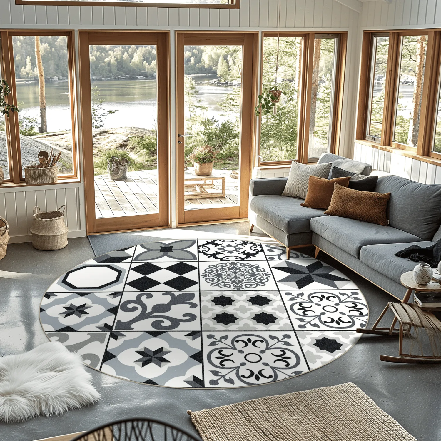 Rund matta - Avent (beige/svart)