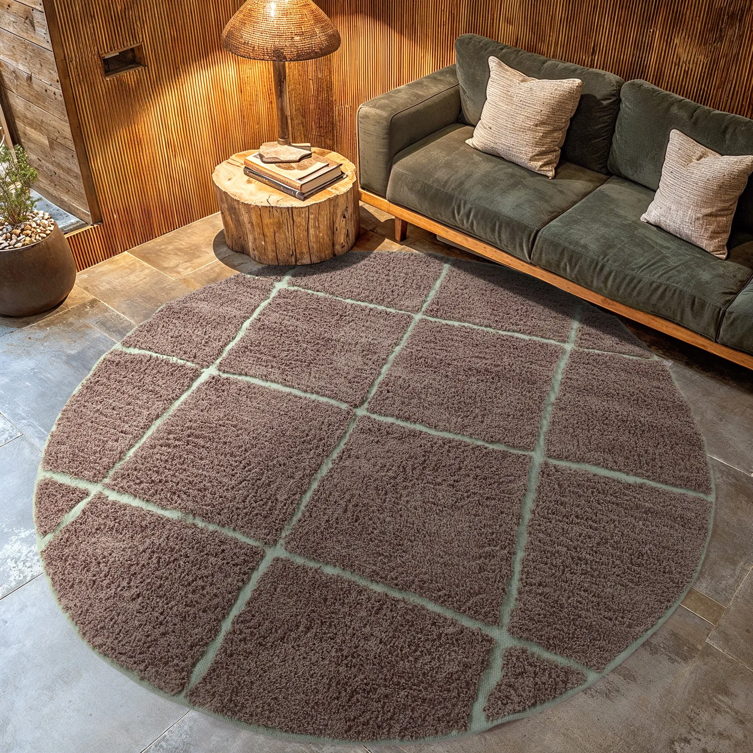 Rund matta - Bellevue Natural Cotton Shaggy (taupe/grön)