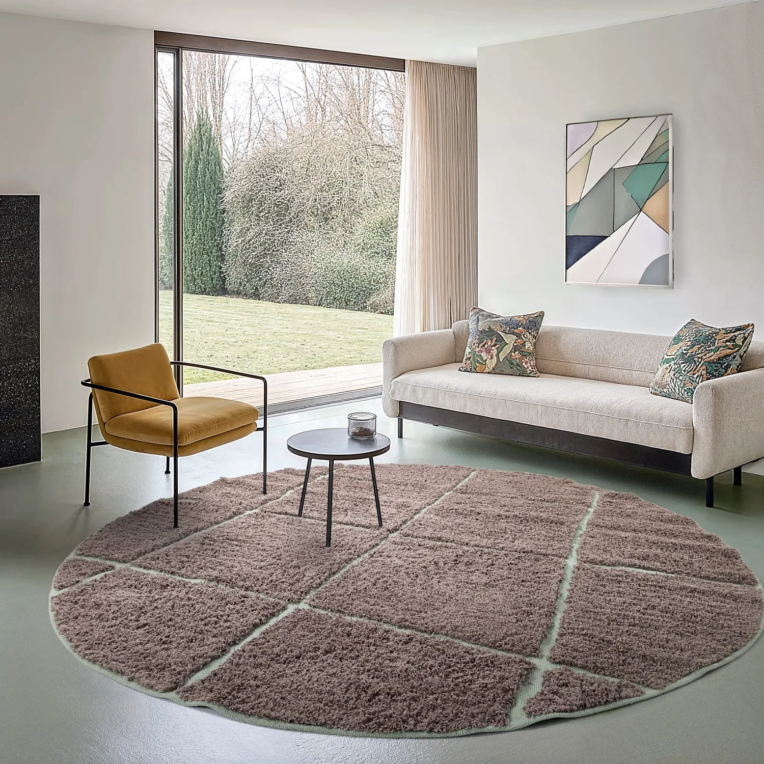 Rund matta - Bellevue Natural Cotton Shaggy (taupe/grön)