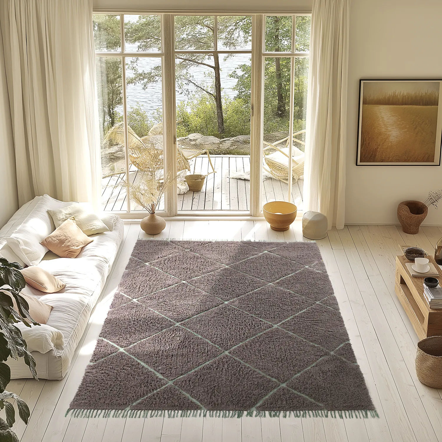 Ryamattor - Bellevue Natural Cotton Shaggy (taupe/grön)