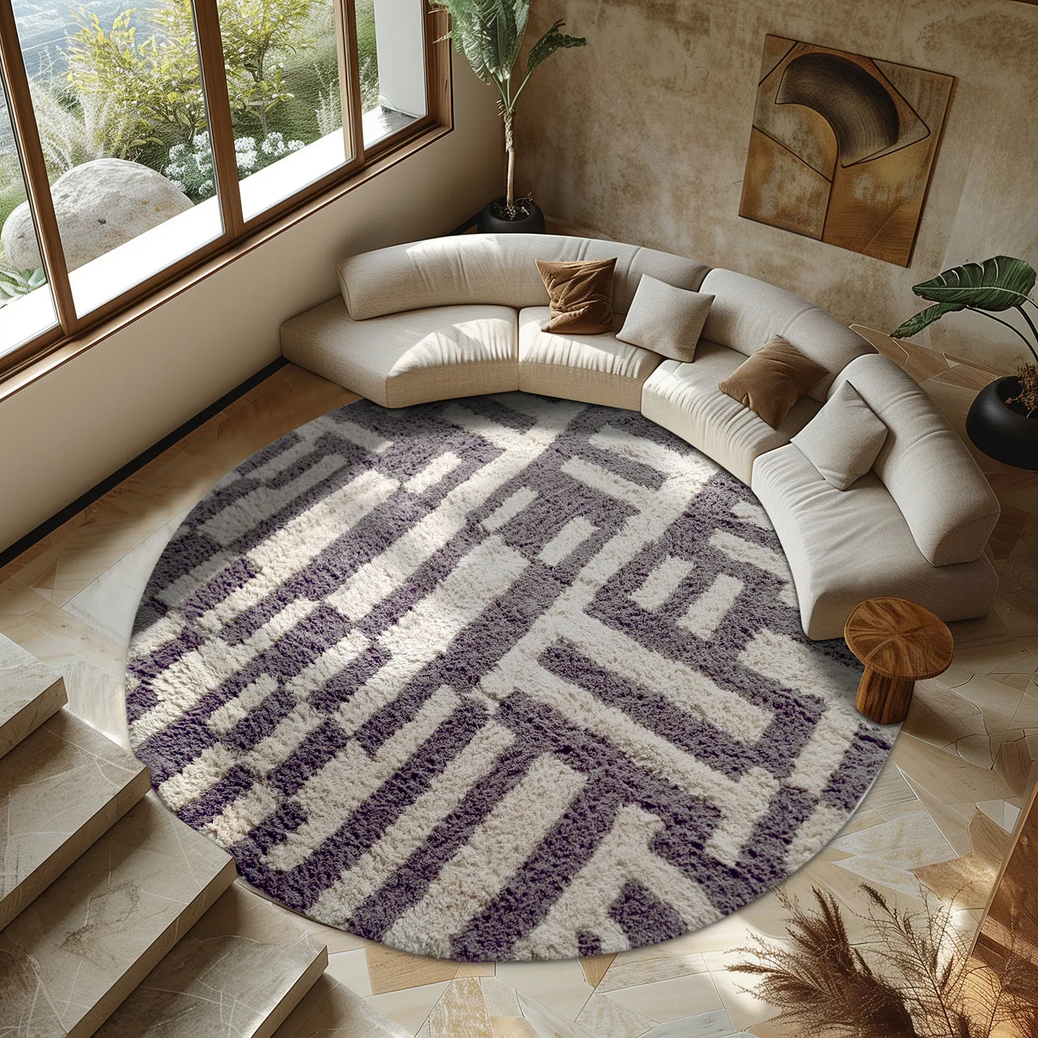 Rund matta - Bergamo Natural Cotton Shaggy (grå/vit)
