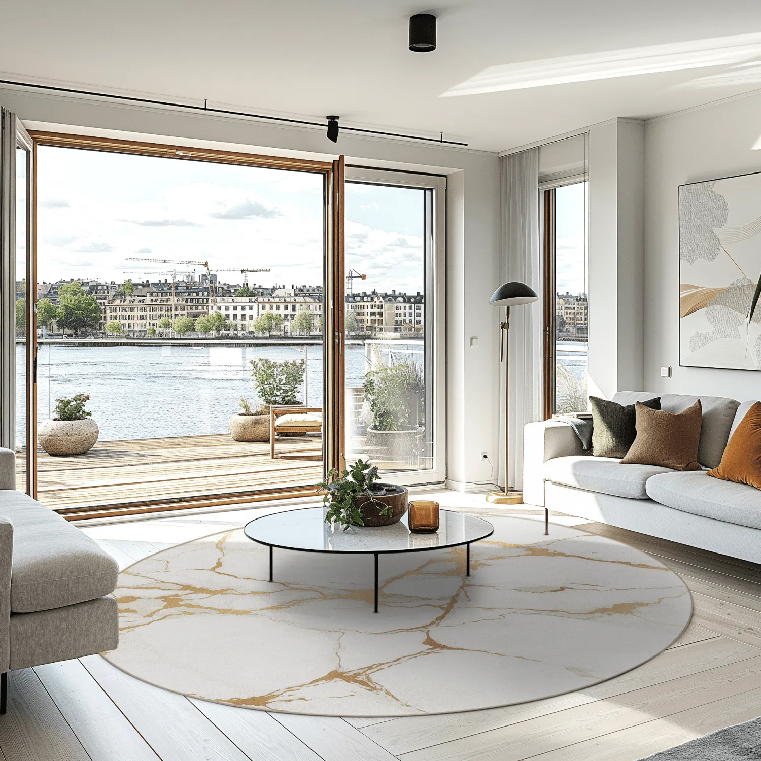 Rund matta - Cesina (stone/vit/guld)