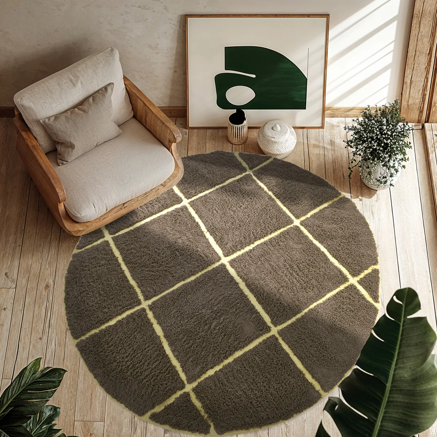 Rund matta - Bellevue Natural Cotton Shaggy (brun/gul)