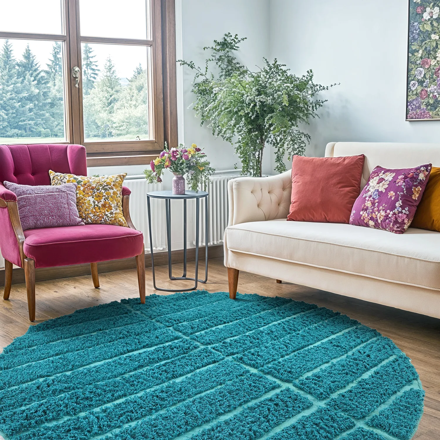 Rund Matta - Ikara Natural Cotton Shaggy (turkos)