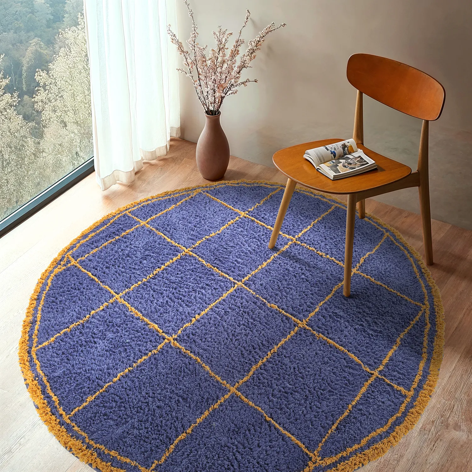 Rund Matta - Lana Natural Cotton Shaggy (blå/gul)