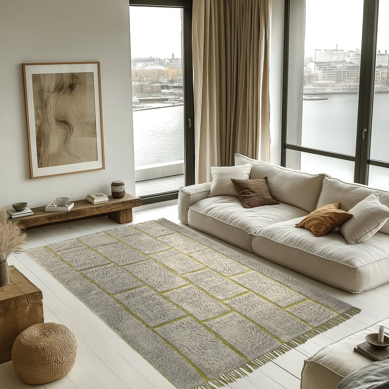 Ryamattor - Lindley Natural Cotton Shaggy (greige/grön)