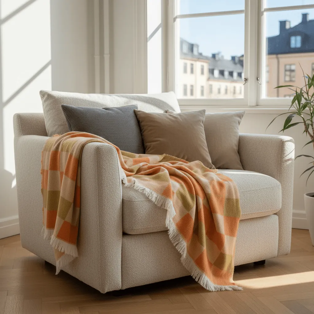 Filtar - Pläd i ullmix - Audrey Check (beige/gul/orange)