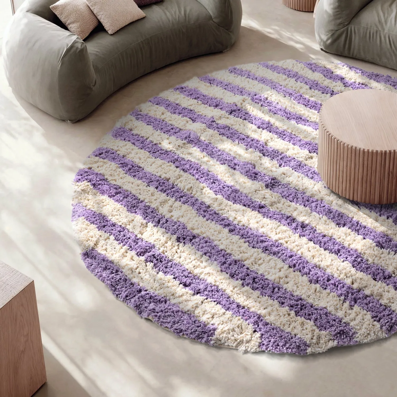 Rund matta - Thira Stripe Cotton Shaggy (creme/ljuslila)