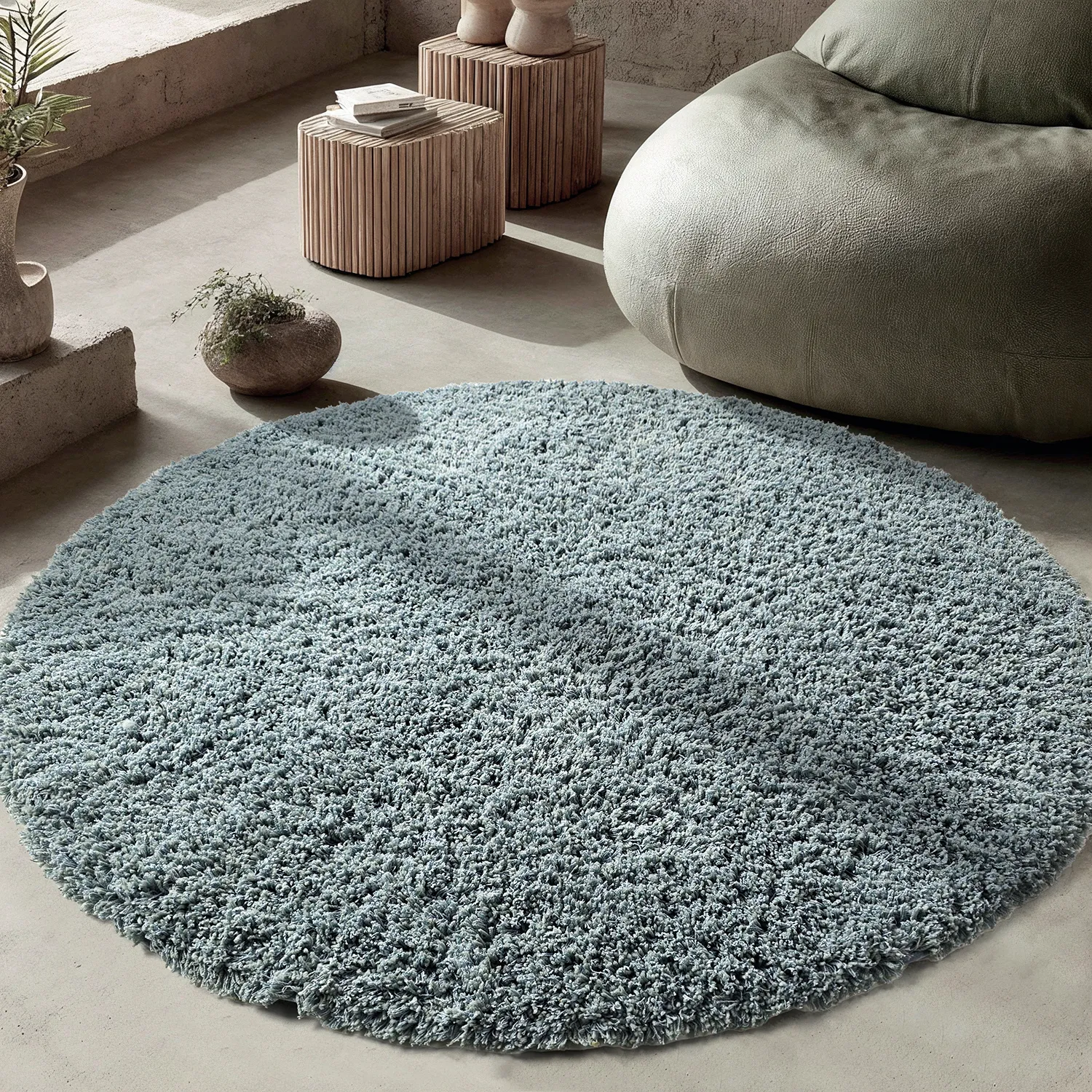 Rund matta - Combarro Solid Cotton Shaggy (ljusblå)