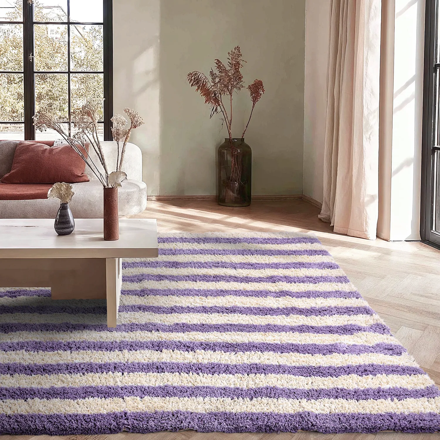Ryamattor - Thira Stripe Cotton Shaggy (creme/ljuslila)