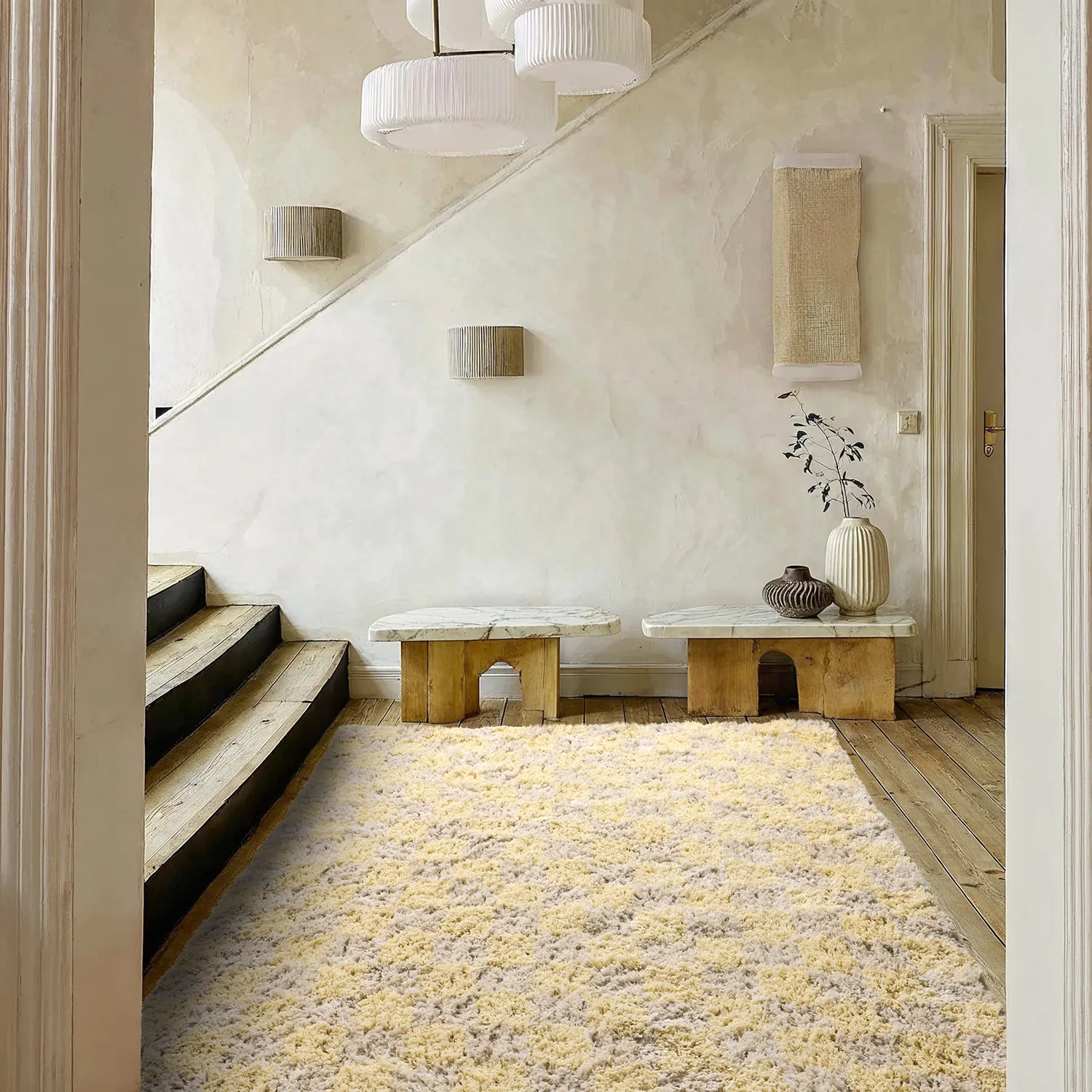 Ryamattor - Methoni Check Cotton Shaggy (creme/ljusgul)