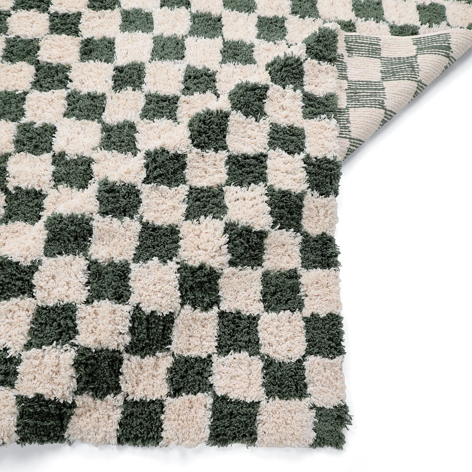 Ryamattor - Methoni Check Cotton Shaggy (creme/grön)