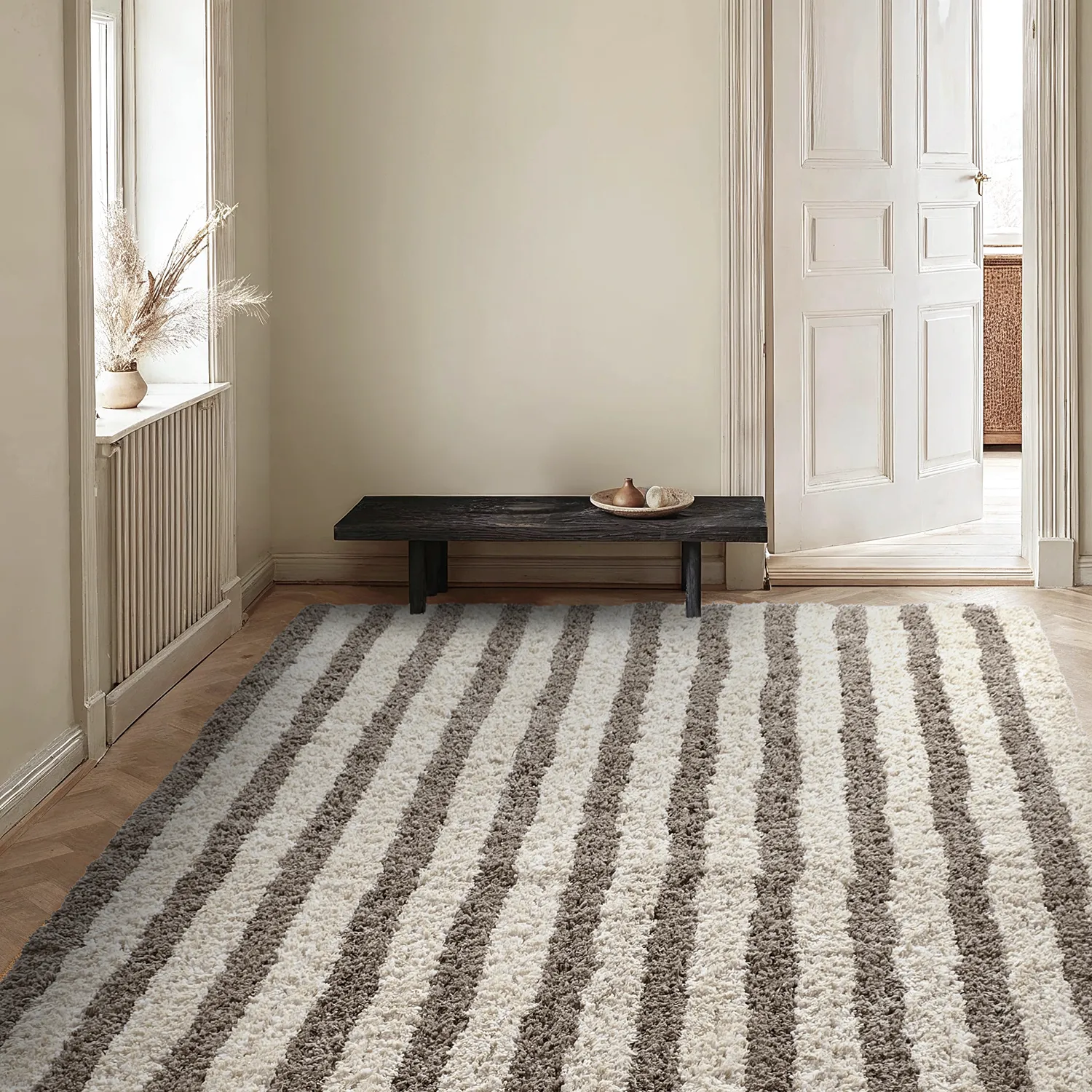 Ryamattor - Thira Stripe Cotton Shaggy (creme/taupe)