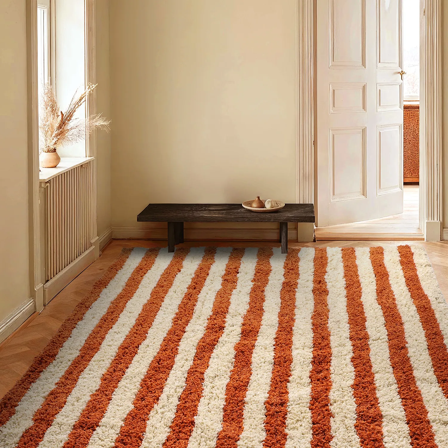 Ryamattor - Thira Stripe Cotton Shaggy (ljusgul/ljusorange)
